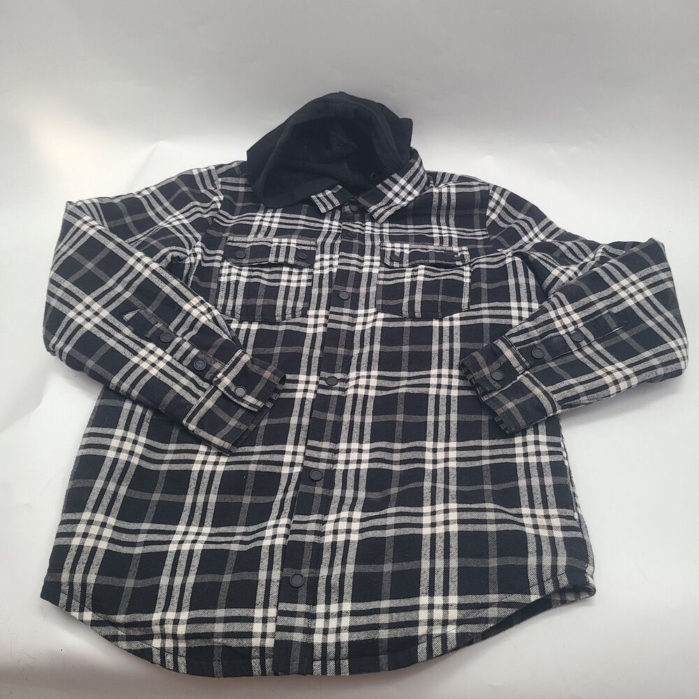 Volcom Men's Hooded Plaid Snap Quilted Lined Jacket Black/White SZ M G1652200